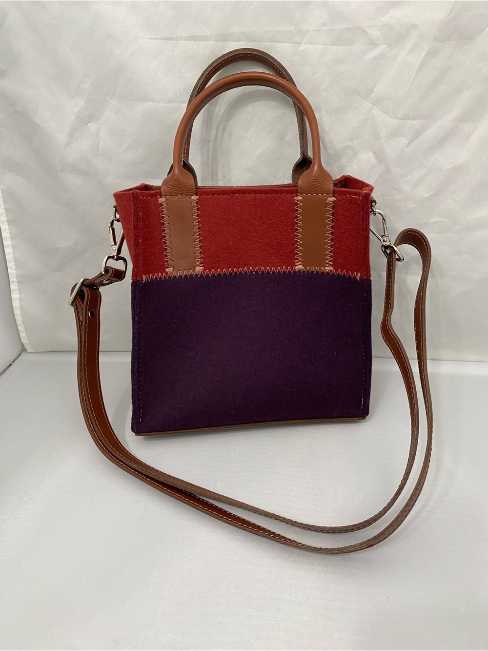 Two-Tone Purple and Rust Crossbody Bag with Brown Leather Trim